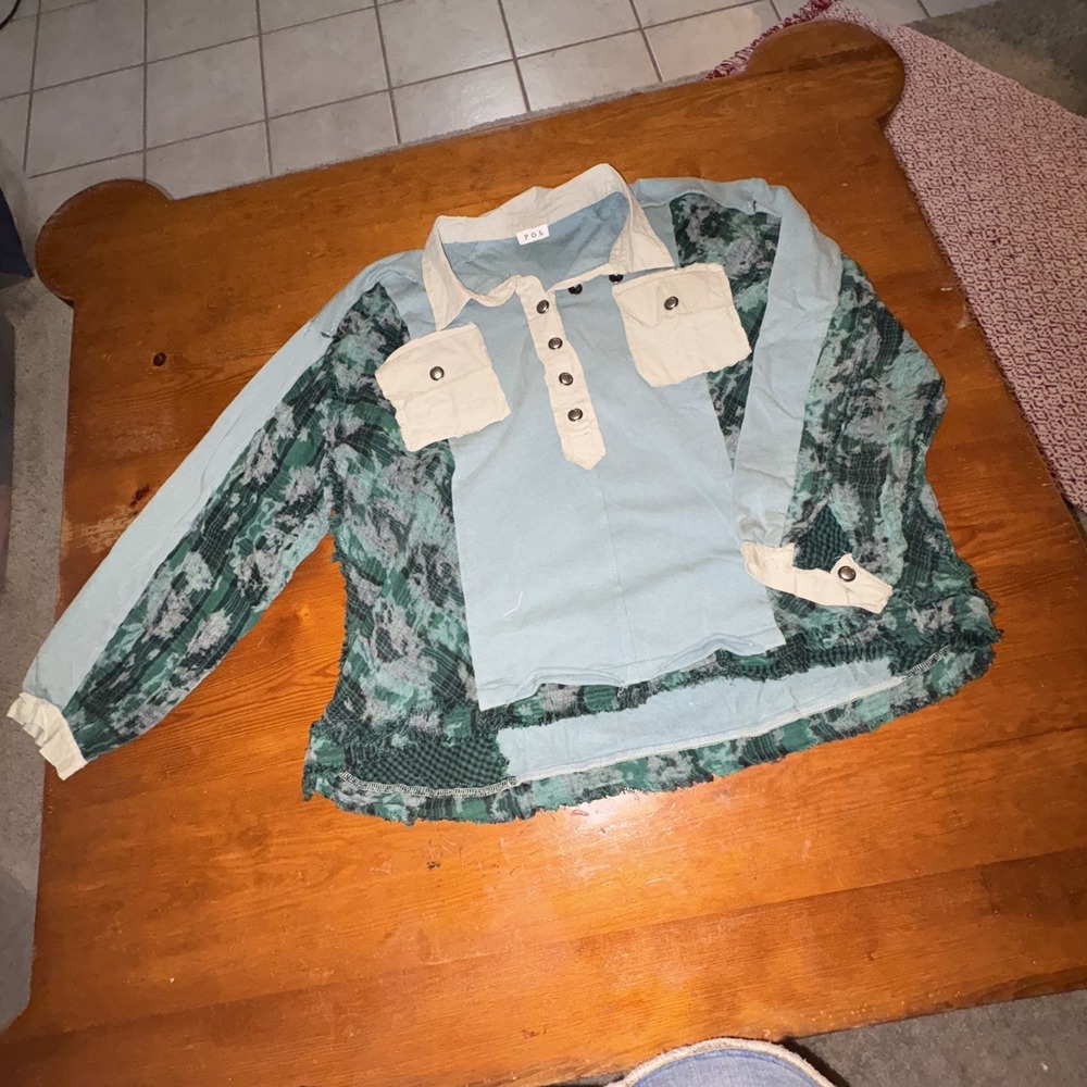 POL Women's Shacket XL NWOT Sage Green Black Patchwork Button Down Cotton Collar - Picture 7 of 8